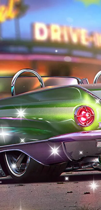Vintage green car at retro drive-in scene.