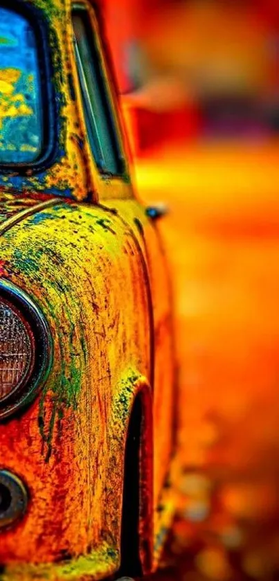 Colorful vintage car with graffiti art.