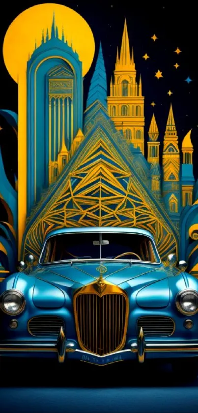 Vintage car with artistic architecture and bold colors on a mobile wallpaper.