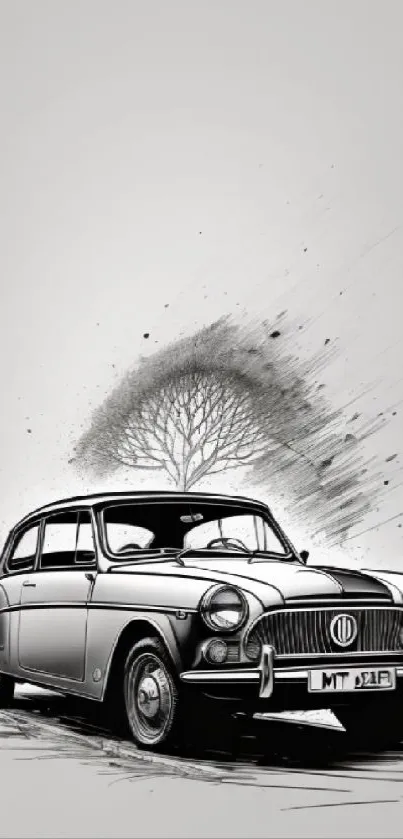 Vintage car with abstract tree in monochrome design wallpaper.