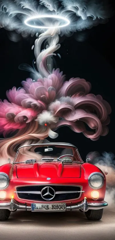 Red vintage car with artistic cloud and halo design.