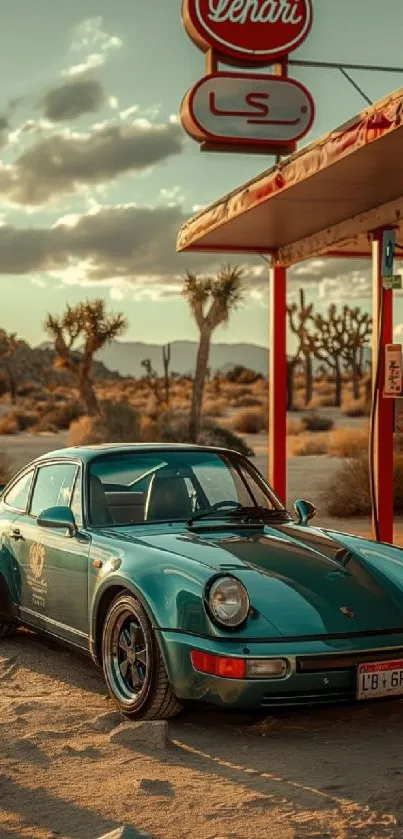 A teal vintage car at a desert gas station during sunset.