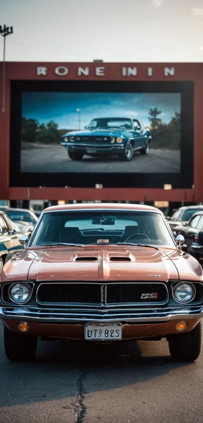 Vintage car at a drive-in cinema with movie screen background.