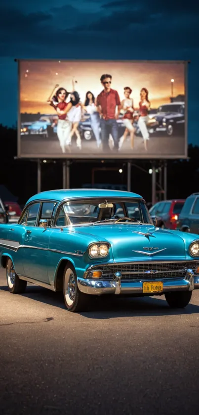 Vintage blue car under drive-in theater billboard at night.