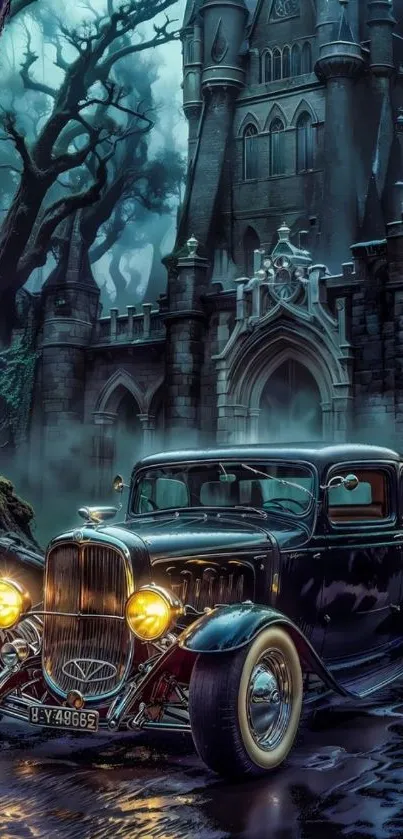 Vintage car parked before a Gothic castle at night.