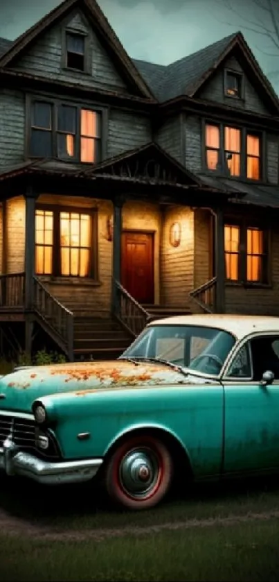 Vintage turquoise car in front of eerie house at night.