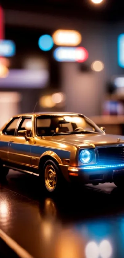 Vintage car with glowing lights in a cozy nighttime setting.