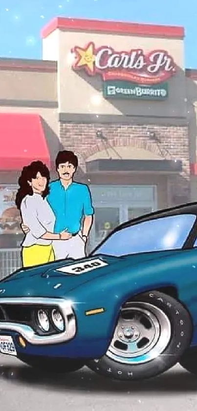 Illustration of a vintage car at a Carl's Jr. diner in a cartoon style scene.