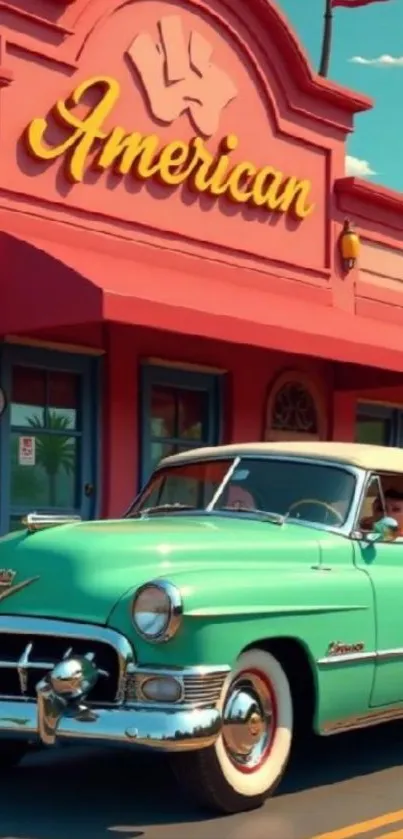 Vintage teal car in front of retro diner.