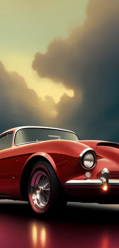 Vintage red car against a sunset sky.