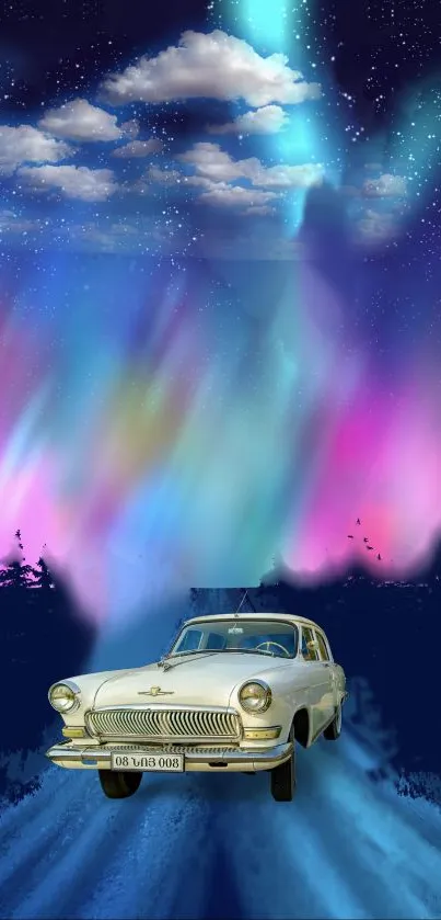 Classic car under vibrant aurora sky at night with stars and colorful lights.