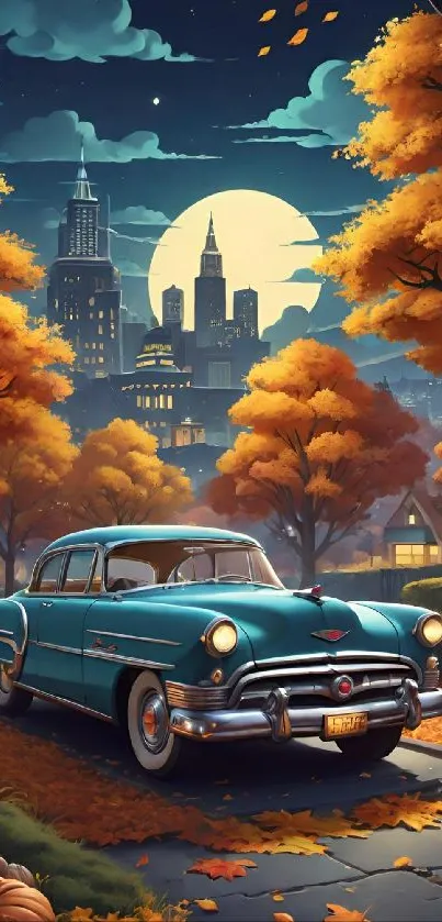 Vintage car on autumn city street under a full moon.