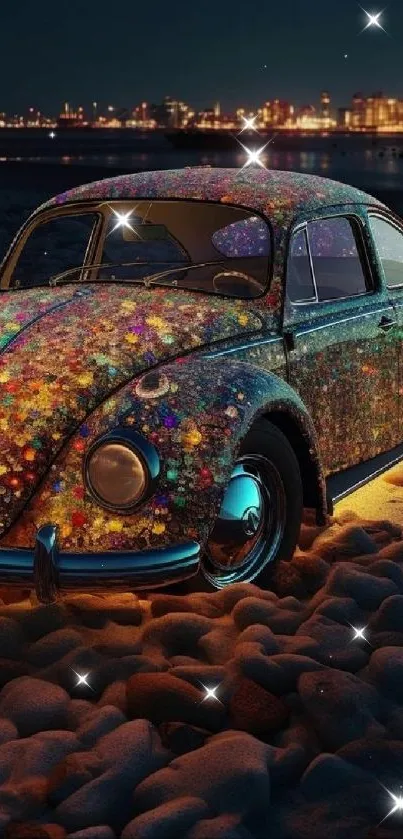 Colorful vintage car parked on a pebble beach at night with city lights in the background.