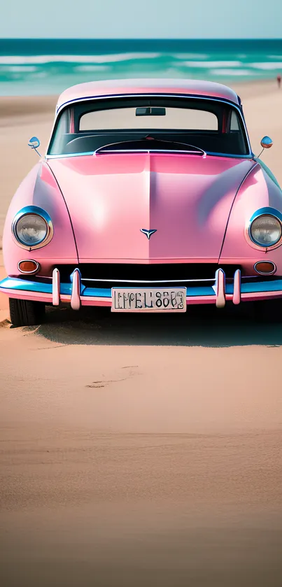 Vintage pink car parked on a sunny beach with an ocean backdrop.