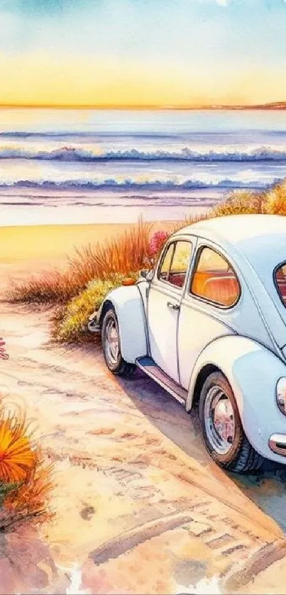 Vintage car by a beach during a watercolor sunset.