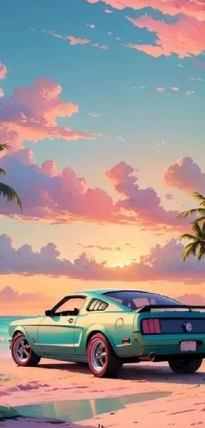 Vintage car on a beach with palm trees and a stunning sunset.