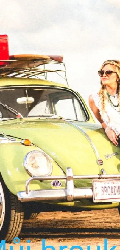 Vintage Volkswagen Beetle by the beach with luggage and retro style.