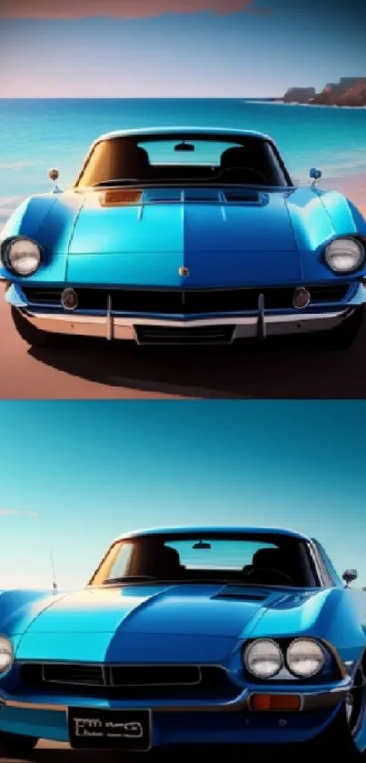Blue vintage car on a beautiful beach with ocean in the background.