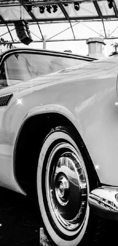 Black and white vintage car photo wallpaper for mobile.