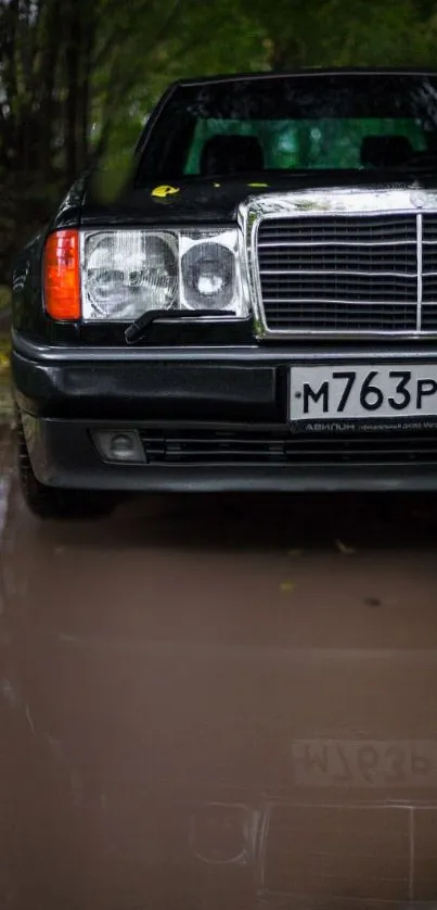 Classic black car by a forest road with reflection on muddy surface.