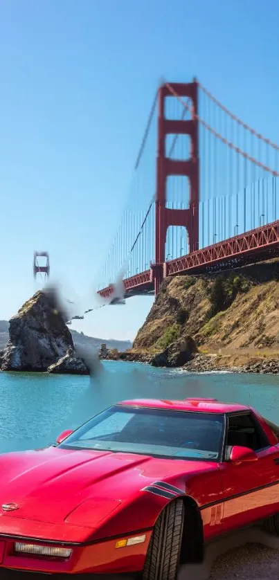 Vintage red car near Golden Gate Bridge under blue sky.