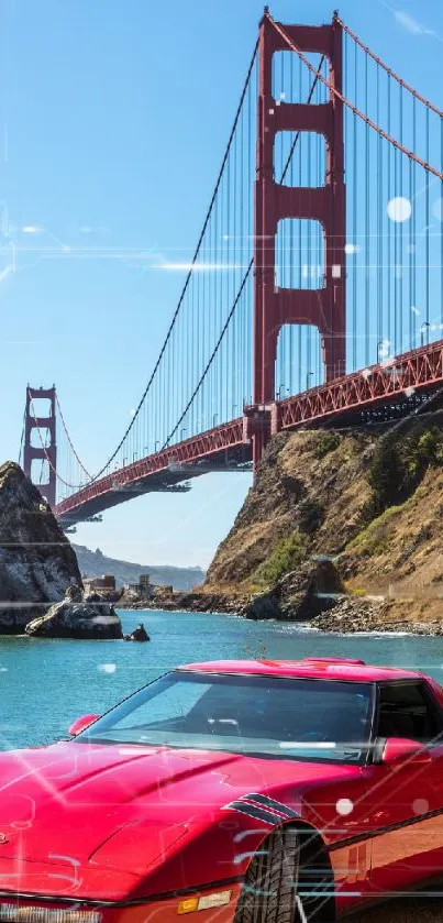 Vintage red car by Golden Gate Bridge under a blue sky.