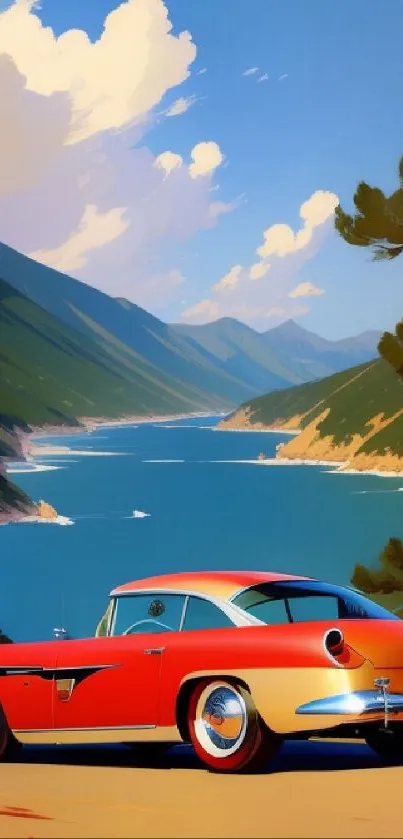 Vintage red car by a blue lake with mountain view in the background.