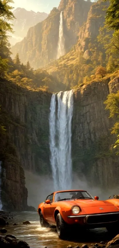 Vintage car in front of a waterfall with lush greenery.