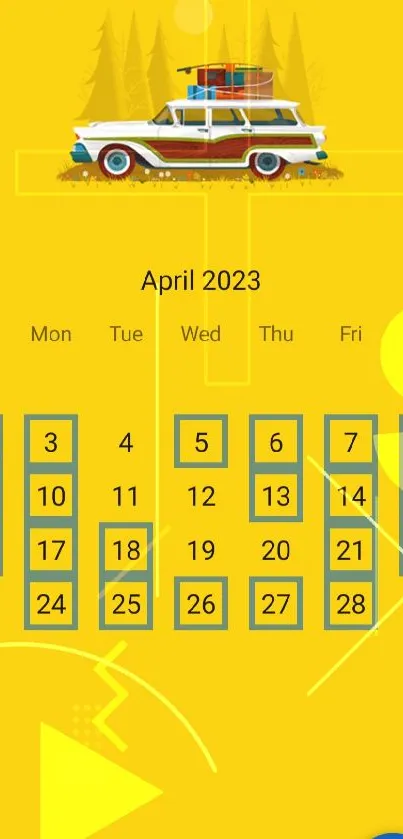 Vintage car wallpaper with April 2023 calendar on yellow background.