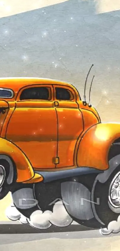 Vintage cartoon hot rod in bright orange with retro art style.