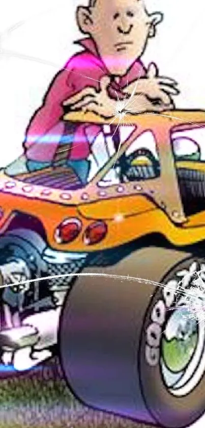 Cartoon illustration of a vintage car with a character leaning on it.