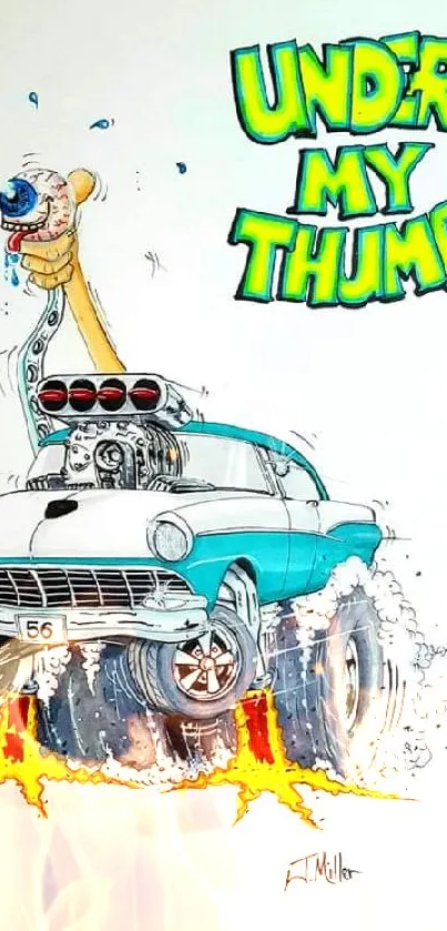 Cartoon vintage car with monster and 'Under My Thumb' text.