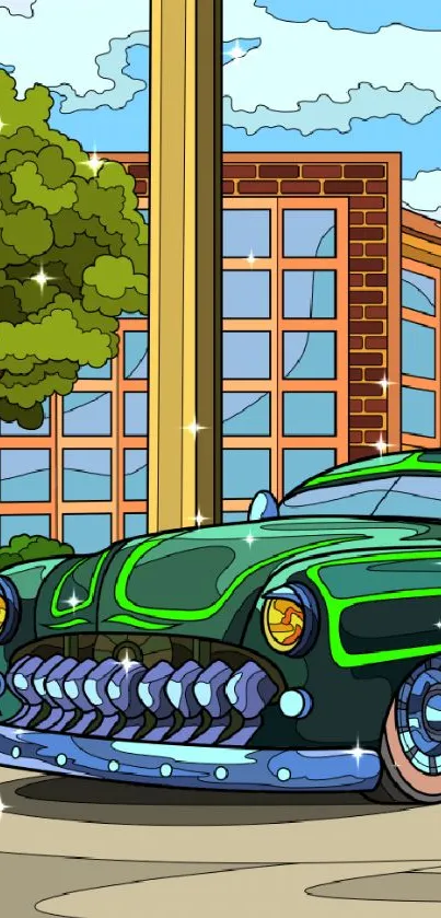 Cartoon wallpaper of vintage green car in urban landscape.