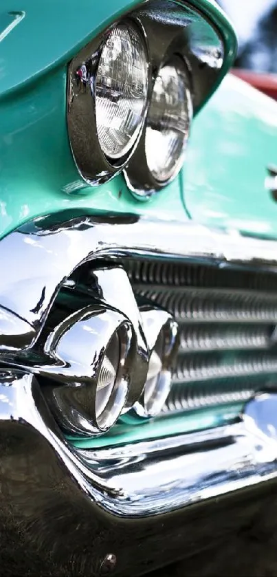 Close-up of a classic car with chrome details.