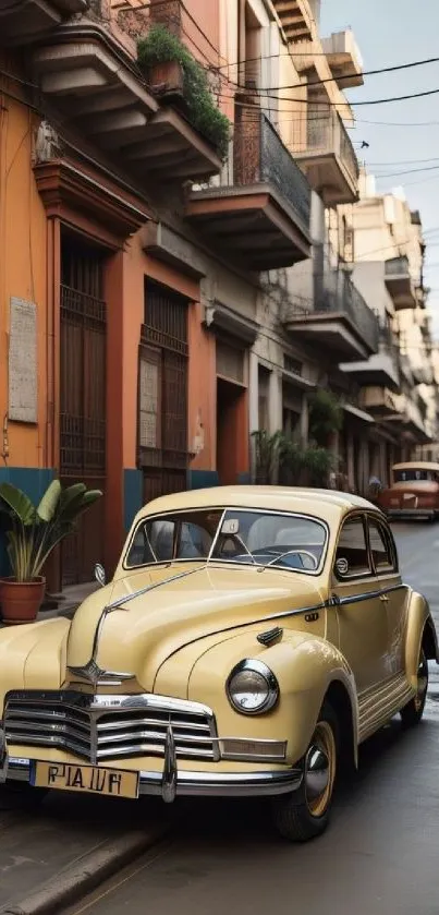 Vintage car parked in a narrow urban alley.