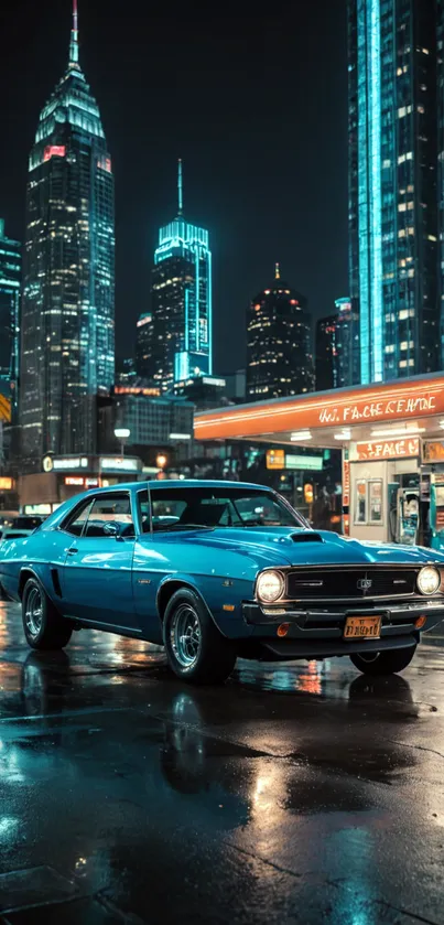 Vintage car in urban cityscape with illuminated skyscrapers at night.