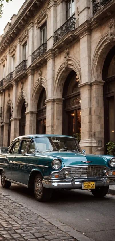 Vintage blue car in historic city backdrop scene.