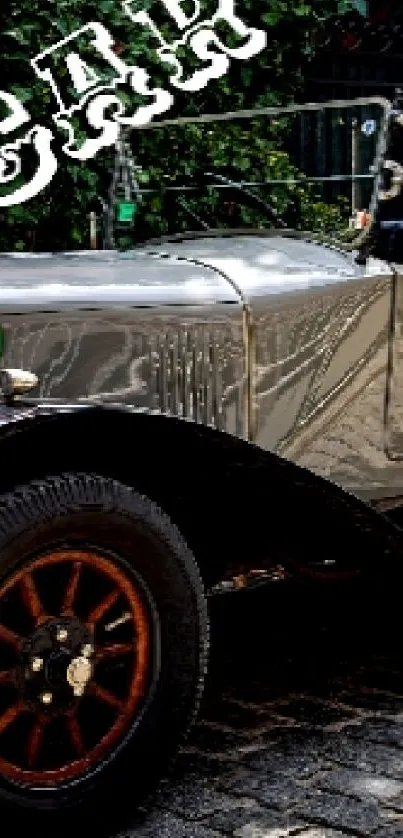 Vintage silver car on cobblestone street with green foliage.
