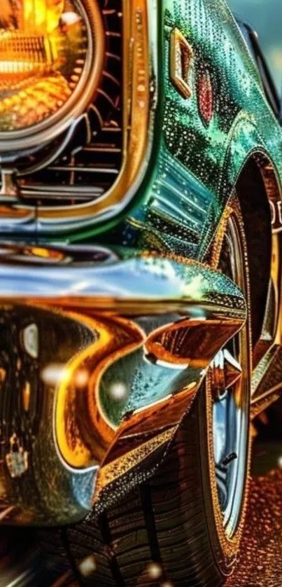 Close-up of a vintage car in vibrant colors, showcasing intricate design details.