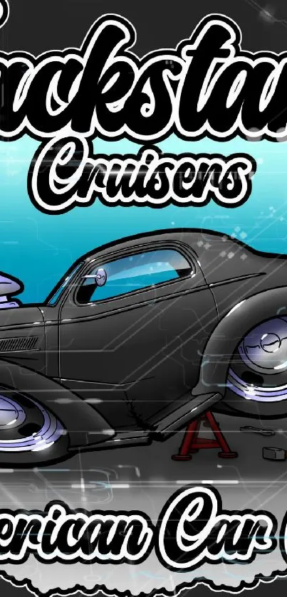 Vintage car club wallpaper with black car and blue background.