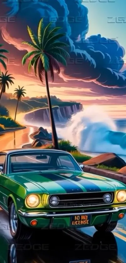 Vintage green car driving along a coastal road at sunset.