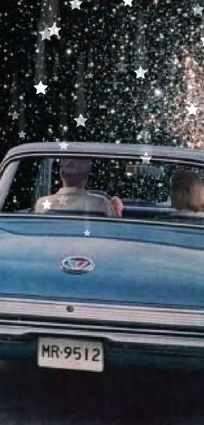 Vintage car on cosmic road with starry sky backdrop.