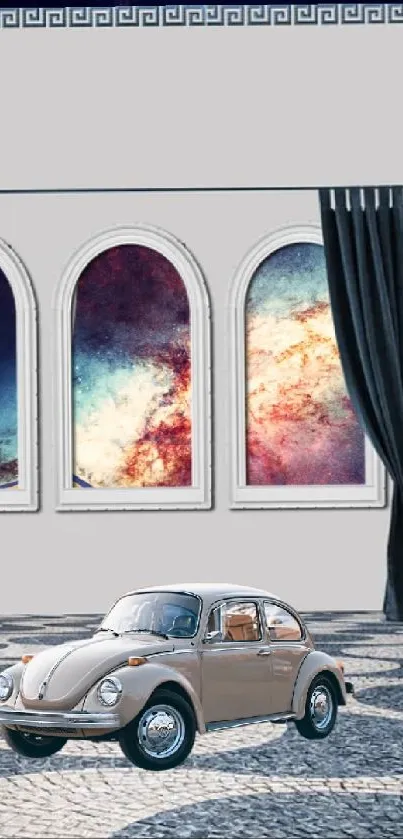 Vintage car with cosmic galaxy background and arched windows on mobile wallpaper.