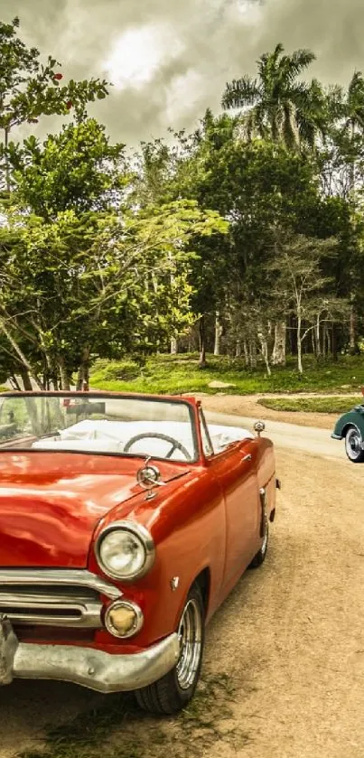 Vintage red car on a scenic countryside road.