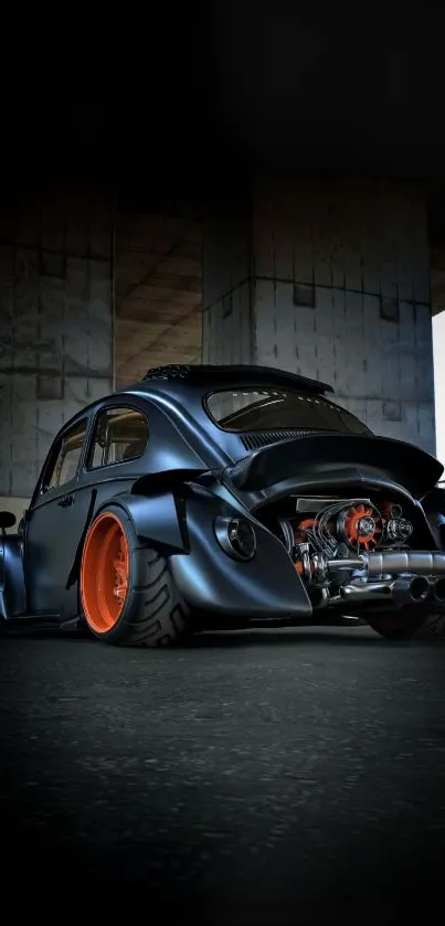 Vintage car with orange wheels, dark setting.