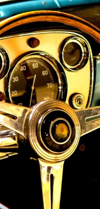 Vintage car dashboard with gold accents and detailed instrument panel.