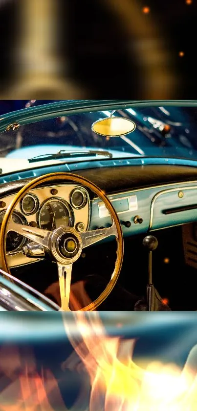 Vintage car dashboard with wooden steering wheel and classic design.