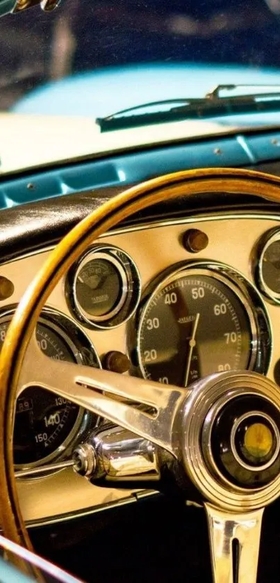 Vintage car dashboard with wooden steering wheel.