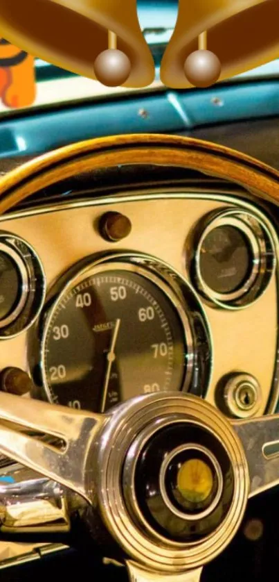 Vintage car dashboard with classic steering wheel and gauges.