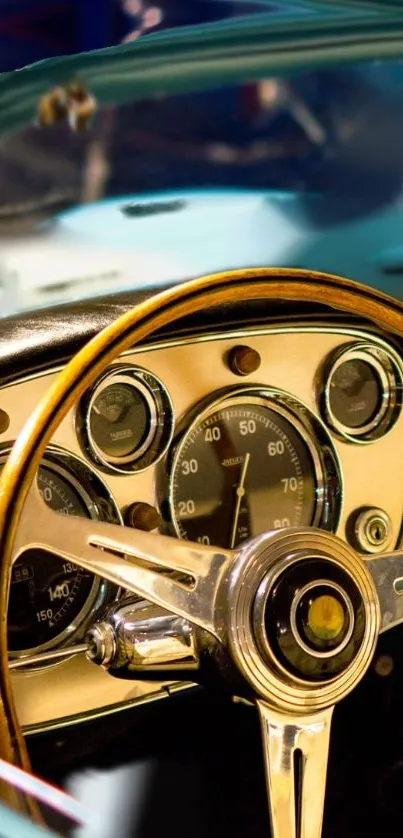 Vintage car dashboard with wood steering wheel and gauges.